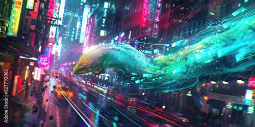 A techno-organic hybrid, fused with technology and nature, glides through the neon-lit streets of the city, leaving a trail of bioluminescent light in its wake photo