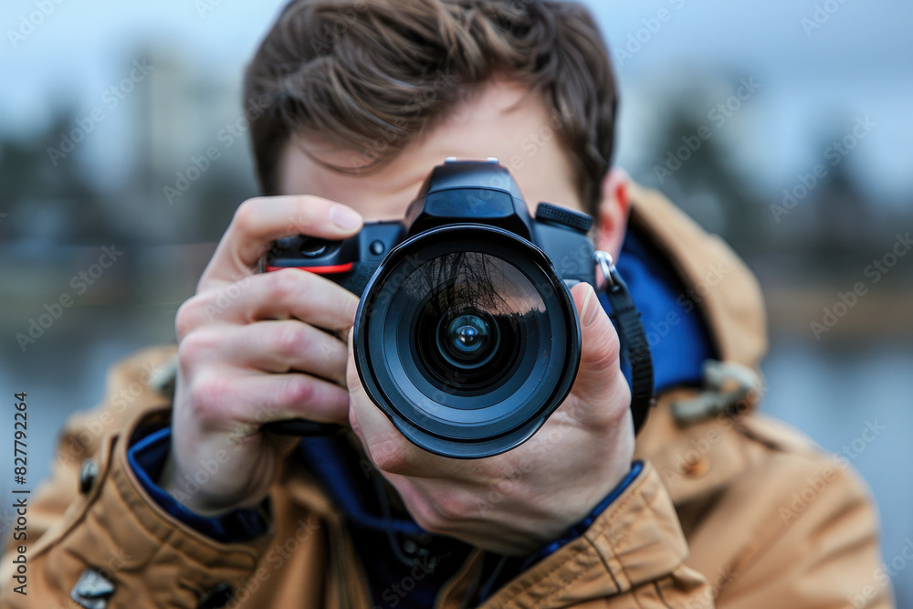 A man holds a hand with a camera and looks through the lens. the photographer takes a picture using a camera. Professional photographer, paparazzi A man holds a hand with a camera and looks through the lens. the photographer takes a picture using a camera. Professional photographer, paparazzi