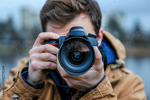 A man holds a hand with a camera and looks through the lens. the photographer takes a picture using a camera. Professional photographer, paparazzi © Olena