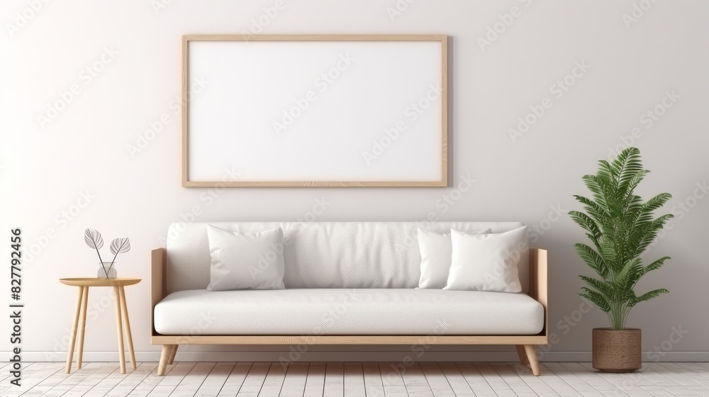 Naklejka premium A large white blank picture frame hangs over a large white sofa, mockup, horizontal, landscape format