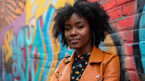 beautiful African American woman with natural hair, wearing a leather jacket and polka dot shirt standing in front of a colorful graffiti wall.