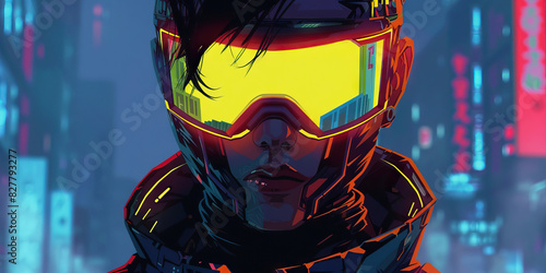 The synthwave blares as a cyberpunk protagonist, adorned in mirrored shades and neon-lit armor, prowls the grittier parts of the city, seeking their next high-stakes adventure photo