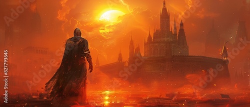 Illustration of a knight in armor, backlit by the setting sun, with a fantasy castle in the background, dramatic lighting, Fantasy, Digital Art 8K , high-resolution, ultra HD,up32K HD photo