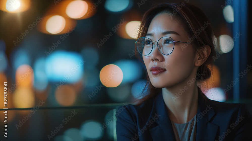 Asian businesswoman wearing glasses and a suit sitting alone in her office at night, looking thoughtfully out the window at blurred city lights outside. Asian businesswoman wearing glasses and a suit sitting alone in her office at night, looking thoughtfully out the window at blurred city lights outside.