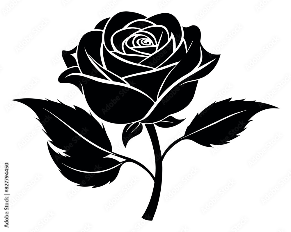 black and white Hand drawn rose silhouette black and white Hand drawn rose silhouette