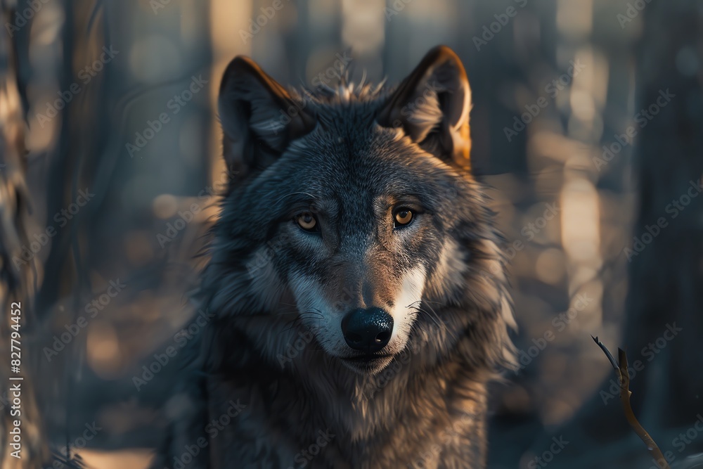 A majestic wolf standing in a forest, gazing intently forward with dense trees in the background, capturing the essence of the wild. A majestic wolf standing in a forest, gazing intently forward with dense trees in the background, capturing the essence of the wild.