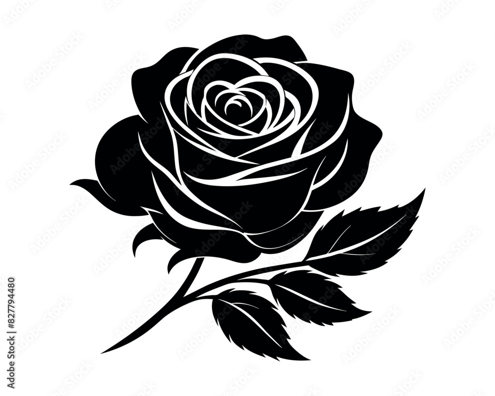 black and white Hand drawn rose silhouette black and white Hand drawn rose silhouette