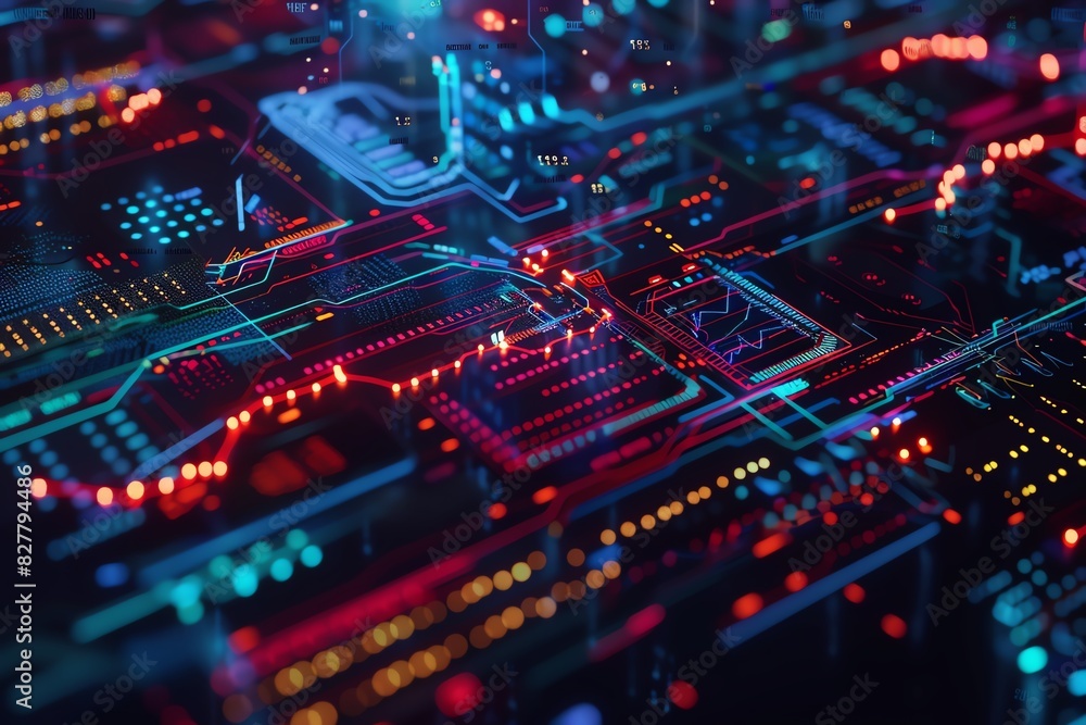 Futuristic electronic circuit board with vibrant neon lights, showcasing advanced technology and innovation. High-tech digital hardware concept. Futuristic electronic circuit board with vibrant neon lights, showcasing advanced technology and innovation. High-tech digital hardware concept.