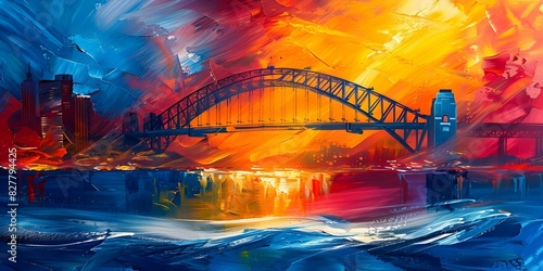 Sydney Harbour Bridge Abstract Painting with Bold Brushstrokes Highlighting Iconic Structure. Concept Art, Painting, Sydney Harbour Bridge, Abstract, bold brushstrokes photo