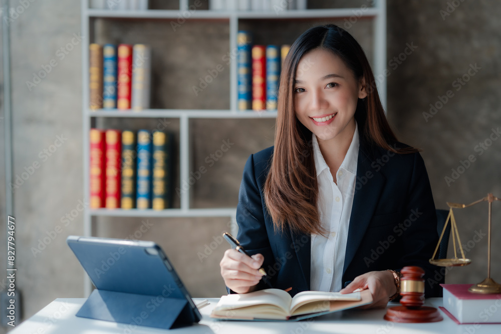 Confident woman is holding a book in a legal office. She is smiling and appears knowledgeable, with law books and a gavel on her desk, indicating a successful legal career. Confident woman is holding a book in a legal office. She is smiling and appears knowledgeable, with law books and a gavel on her desk, indicating a successful legal career.