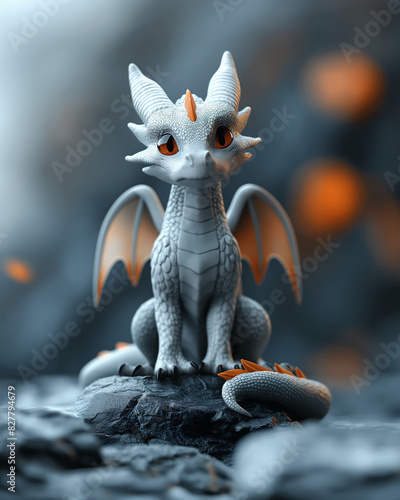 a 3d printed dragon figurine in white with minor orange details sitting on a rock