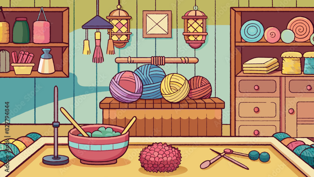 Vibrant Yarn Balls and Knitting Accessories in Cozy Craft Room Vibrant Yarn Balls and Knitting Accessories in Cozy Craft Room