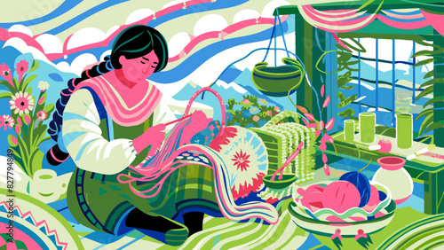Woman Embroidering in Cozy Greenhouse Environment with Lush Plants