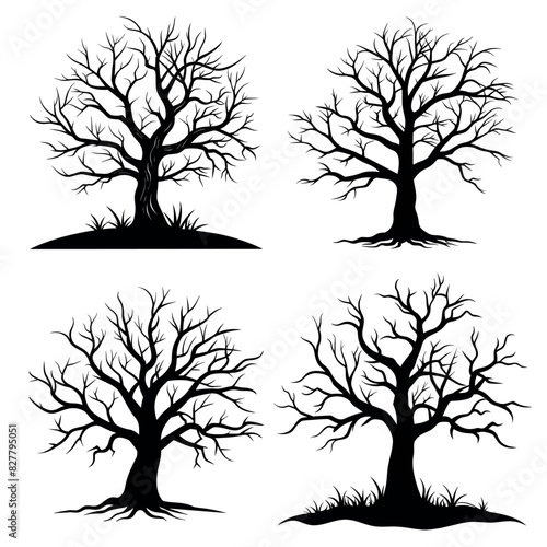  Dead tree set of silhouettes Dying black scary trees forest illustration.