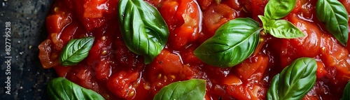 Closeup of rich, chunky tomato sauce with fresh basil leaves, vibrant red color, high resolution, Realism, Photography 8K , high-resolution, ultra HD,up32K HD photo