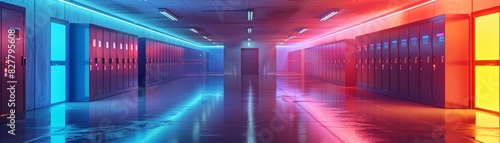 Futuristic school corridor with neoncolored lockers and holographic displays, filled with bright natural light, SciFi, Digital Art 8K , high-resolution, ultra HD,up32K HD photo
