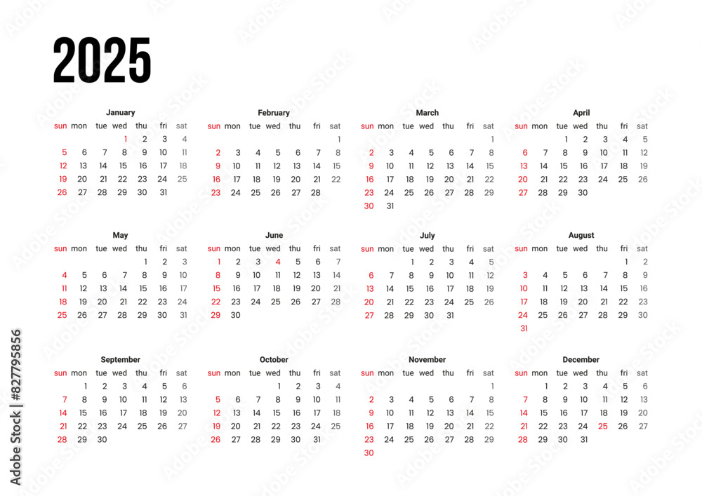 Simple сalendar 2025 with week start Sunday. Vector design template corporate of a wall or desk calendar