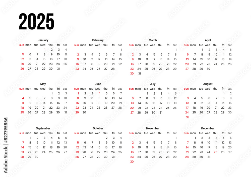 Simple сalendar 2025 with week start Sunday. Vector design template corporate of a wall or desk calendar Simple сalendar 2025 with week start Sunday. Vector design template corporate of a wall or desk calendar