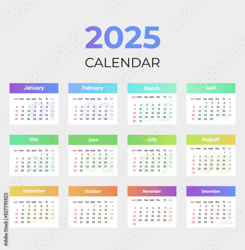 Simple calendar 2025 with week start Sunday. Vector design template corporate of a wall or desk calendar