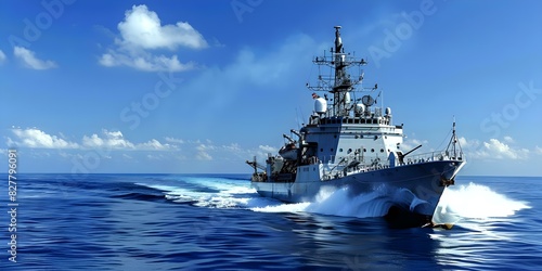 Naval ship guards against pirate attacks in highrisk waters to protect tankers. Concept Naval Security, Pirate Attacks, High-risk Waters, Tanker Protection, Maritime Defense, photo