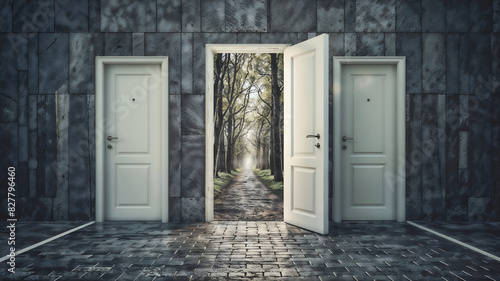 A brick wall with three white doors, one of which is open to a forest path. photo