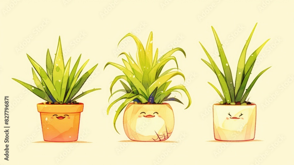Fototapeta premium Spider plants with a wicked twist are chilling out in their cute cartoon pots