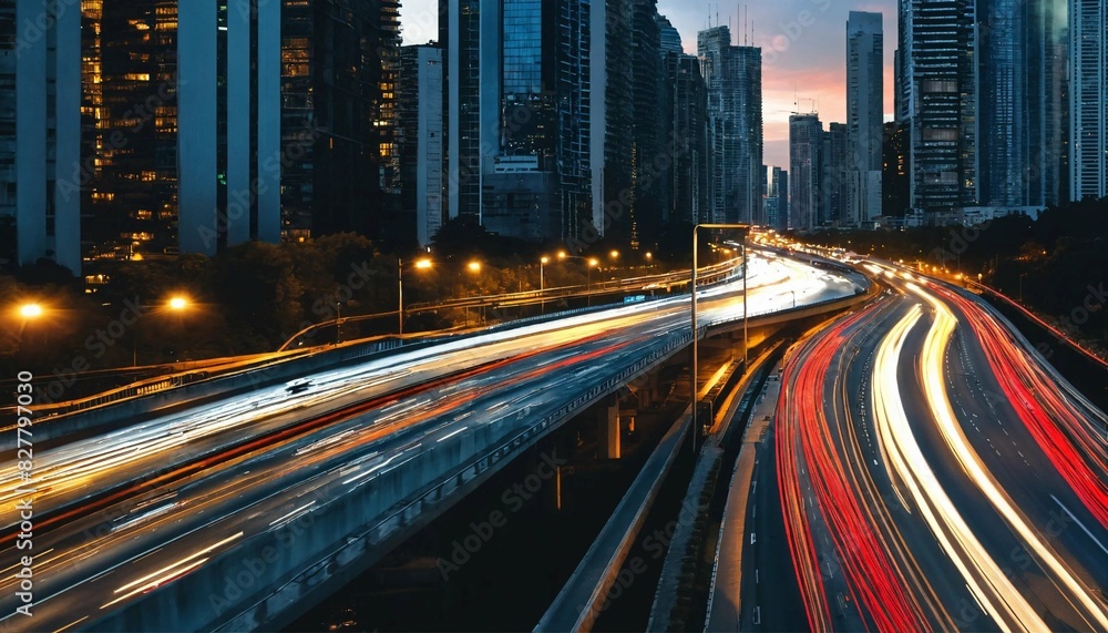 Obraz premium Light flow of traffic on a evening highway in a ci