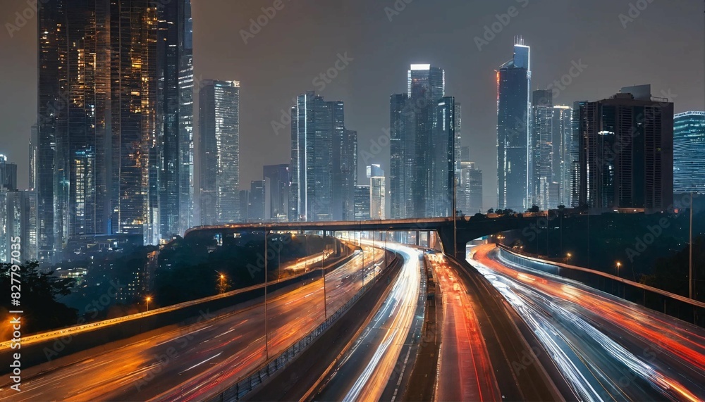  Light flow of traffic on a evening highway in a ci