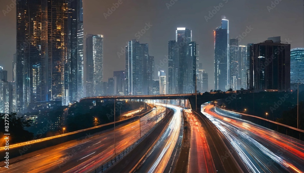 Light flow of traffic on a evening highway in a ci Light flow of traffic on a evening highway in a ci