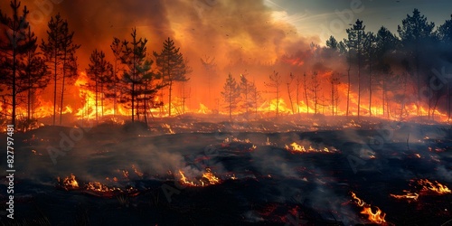 Devastating Global Wildfire Crisis  Massive Forest Fire Destroys Pine Trees During Dry Season. Concept Wildfire Prevention  Forest Conservation  Climate Change  Emergency Response