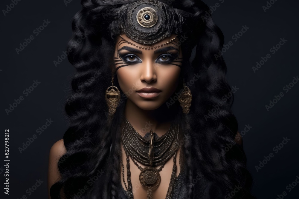 A beautiful woman with long black hair and jewelry. A beautiful woman with long black hair and jewelry.