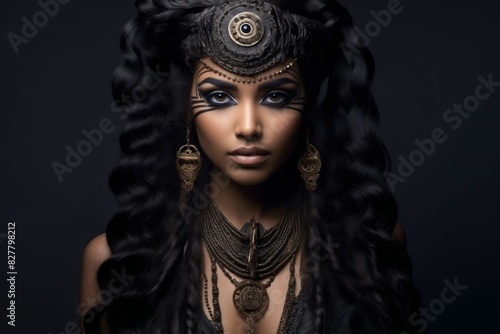 A beautiful woman with long black hair and jewelry. photo