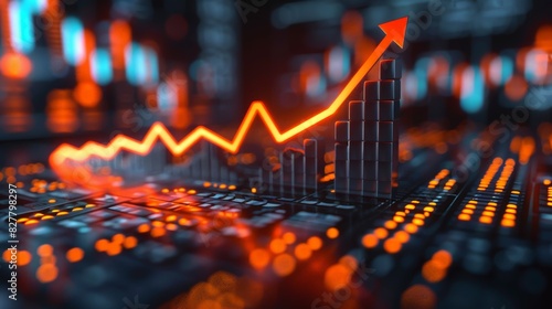 Business graph with glowing orange arrow going up.