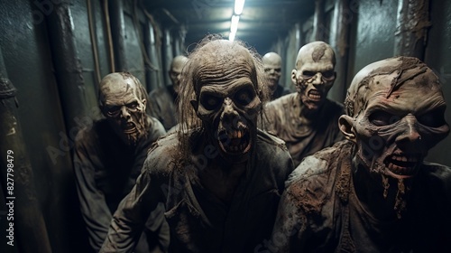 A group of zombies walk down a dark hallway.