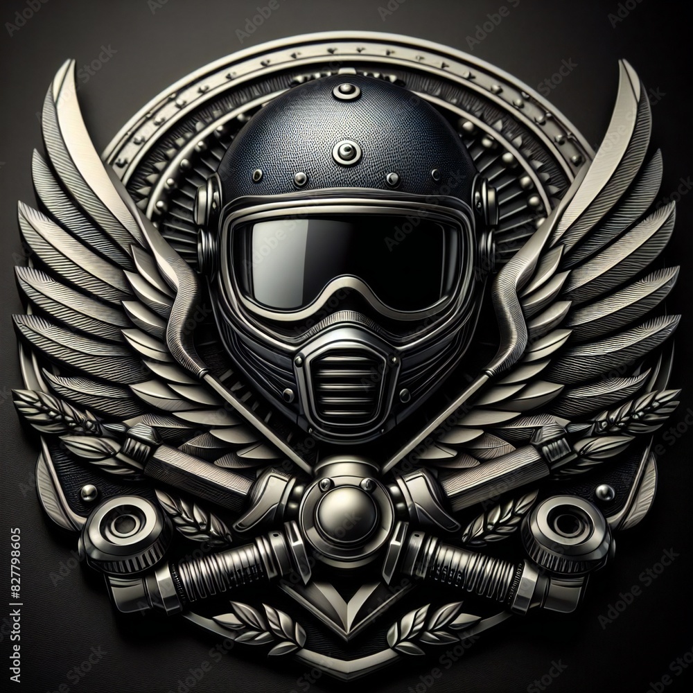 Metal emblem with a motorcycle helmet and wings. Metal emblem with a motorcycle helmet and wings.