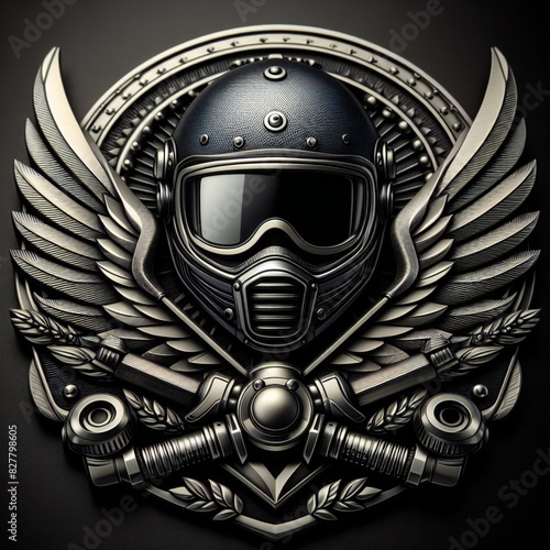 Metal emblem with a motorcycle helmet and wings.
