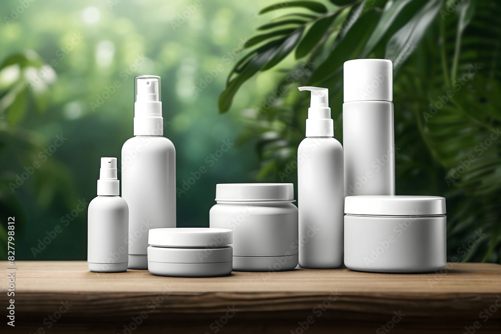 Empty white cosmetics bottles white plastic container beauty skincare products on wooden surface with natural jungle background Empty white cosmetics bottles white plastic container beauty skincare products on wooden surface with natural jungle background