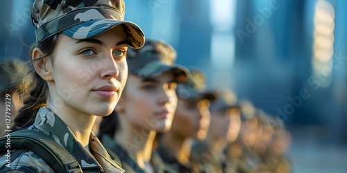 Female Army Recruits Stand in Formation Among Skyscrapers, Embracing a Blend of Military Service and Urban Life. Concept Military training, Urban lifestyle, Female empowerment, Skyscraper backdrop photo