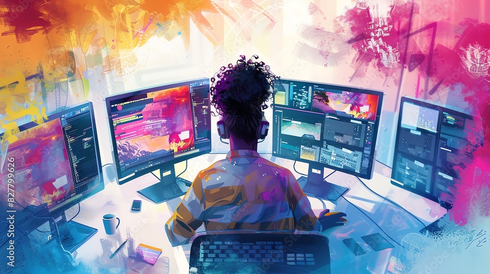 Vibrant digital art piece of a programmer working on multiple screens, immersed in coding and development, surrounded by colorful creativity. Vibrant digital art piece of a programmer working on multiple screens, immersed in coding and development, surrounded by colorful creativity.