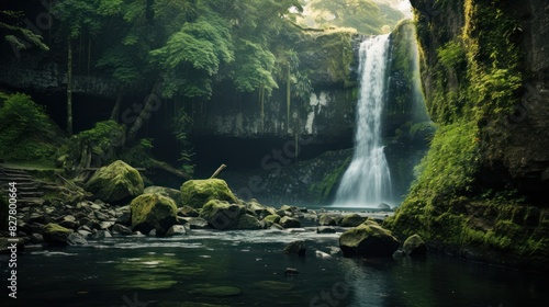 waterfall cascading down a lush green cliffside  