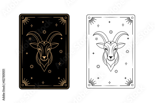 Tarot card with capricorn zodiac style. Simple line art style.