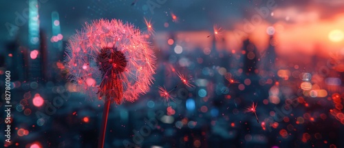 Cyberpunkthemed dandelion with neoncolored seeds, glowing in the dark, against a futuristic cityscape background, Cyberpunk, Digital Art 8K , high-resolution, ultra HD,up32K HD photo