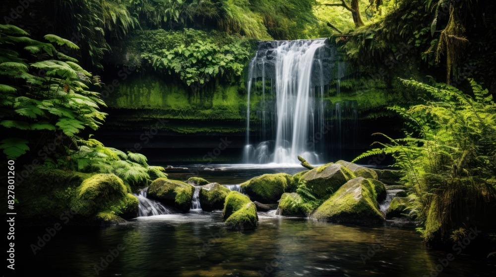 waterfall cascading down a lush green cliffside, waterfall cascading down a lush green cliffside,