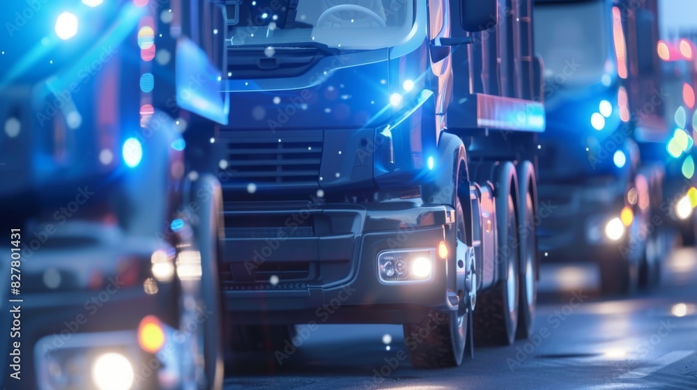 A fleet of delivery trucks equipped with predictive maintenance technology alerting drivers of potential problems before they occur helping to prevent unexpected breakdowns.