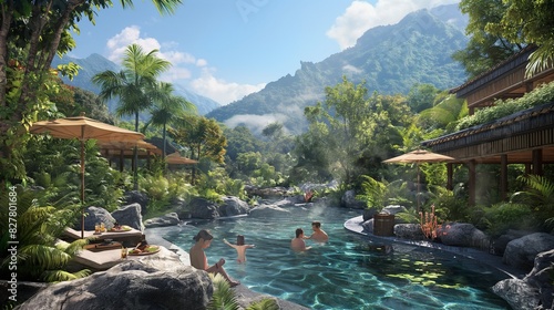 An Asian family spending a relaxing day at a serene hot spring resort, soaking in natural pools surrounded by lush greenery and scenic mountain views, while enjoying massages  photo
