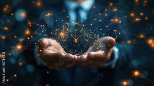 businessman hand holding virtual 24-7 with clock on hand photo