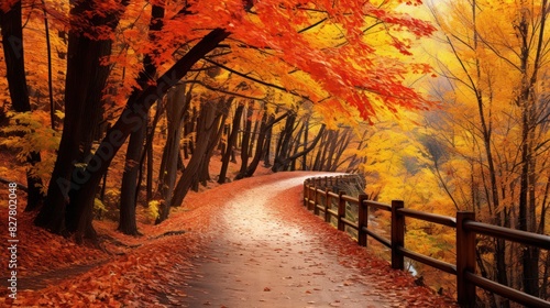 autumn forest with a winding path leading through a canopy of fiery red  