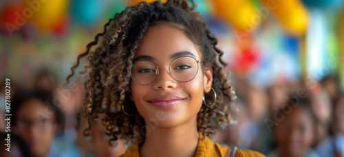 A young woman with curly hair and glasses is smiling at the camera. Afro American teacher talking about black history month. class of students and classroom in soft focus in the background, cheerful