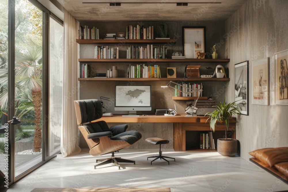 Home Office with Minimalist Bookshelf Simple desk, minimalist bookshelf, and ergonomic chair. Functional and stylish. Home Office with Minimalist Bookshelf Simple desk, minimalist bookshelf, and ergonomic chair. Functional and stylish.