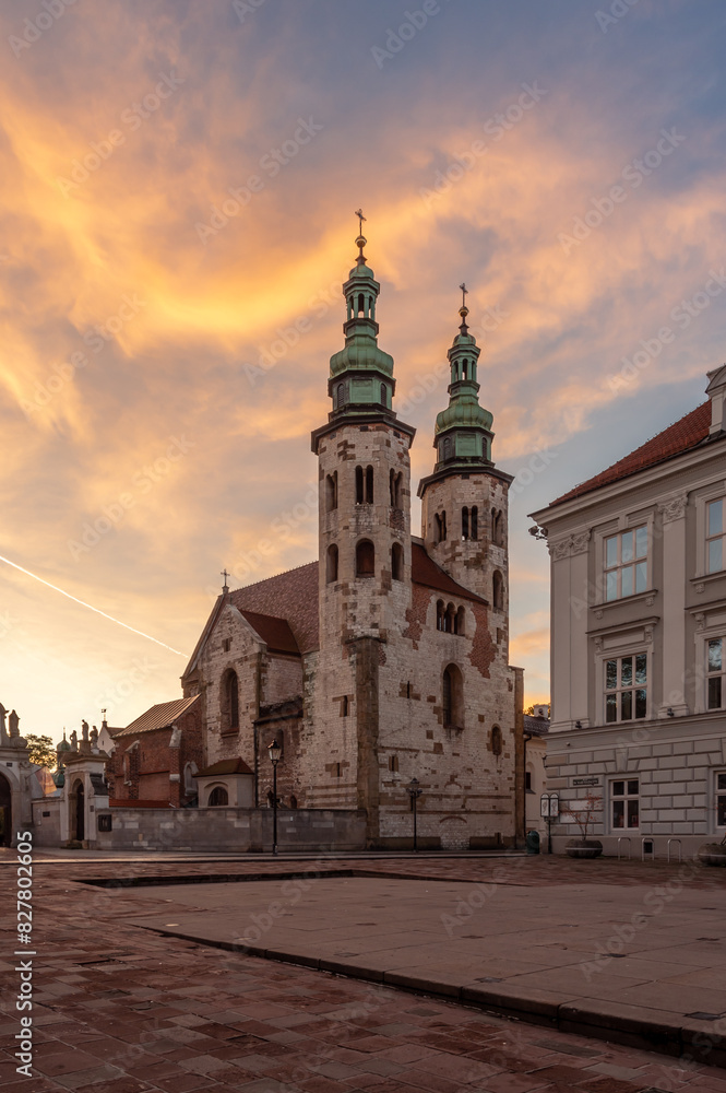 Krakow old town, romanesque St Andrew church on Grodzka street during colorful sunrise